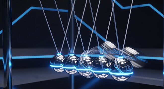 Futuristic Newton's cradle with glowing blue spheres demonstrating the physics principles of momentum, energy transfer, and a perpetual chain reaction