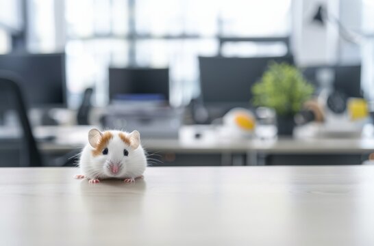 A cute hamster peeks over a desk in an office setting with computers and plants in the background.