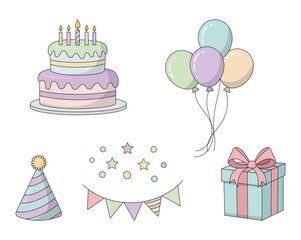 Flat 2D Cartoon Vector Birthday Party Items Set
