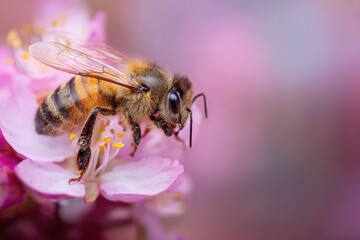 Close-Up of Honeybee Collecting Nectar from Pink Blossoms
