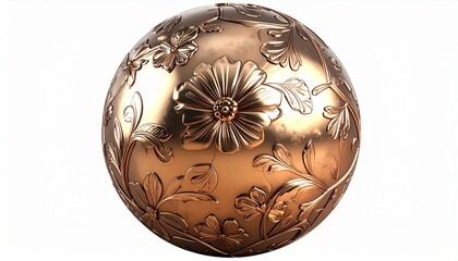 A metallic World Cup football with engraved floral patterns, isolated on white, sharp details, 3D render