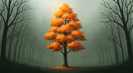 Golden Autumn Tree in Misty Forest Digital Art Print