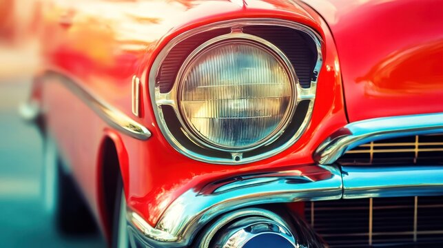 Red vintage car headlight and chrome grill