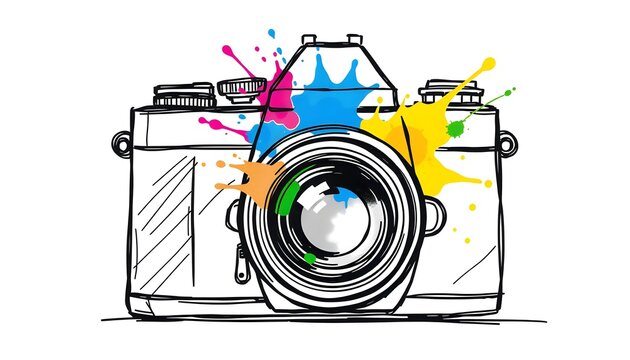 Illustration of a vintage camera with colorful paint splatters, representing creativity and photography.