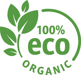 Eco organic label, 100 percent eco badge, green leaves logo, natural product emblem, eco-friendly design, organic food certification