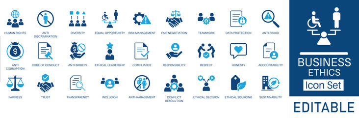 Business ethics icon set. Includes symbols for Compliance, fairness, integrity, equality, code of conduct, honesty, anti corruption, transparency. Solid icons for corporate reports, training, and ESG