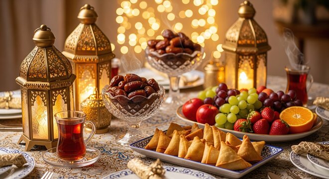 Ramadan iftar table setting with dates fruits lanterns and traditional food