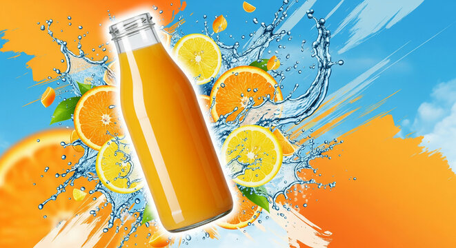 Refreshing orange juice bottle with splash