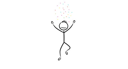 Happy stick figure celebrating success or happiness with arms raised and colorful confetti falling. Simple illustration of joy.
