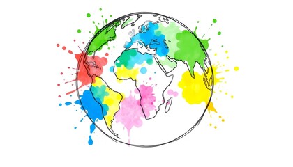 Fototapeta premium Artistic watercolor illustration of planet Earth with colorful paint splatters on the continents.