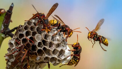 Wasps and nest in soft focus