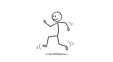 Happy Stick Figure Running or Jumping Illustration - Simple Black and White Doodle in Motion