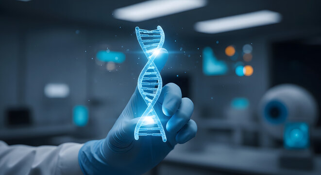 Futuristic biotechnology concept with a scientist manipulating a glowing holographic DNA strand for advanced genetic engineering research