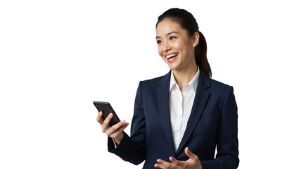Smiling Businesswoman Using Smartphone in Professional Attire