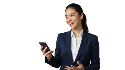 Smiling Businesswoman Using Smartphone in Professional Attire
