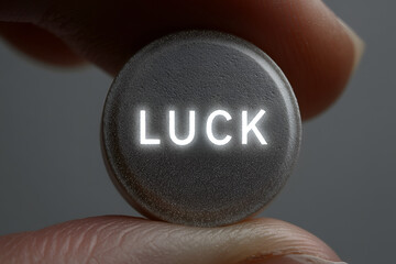 Close-up of Hand Holding a Button with Word Luck