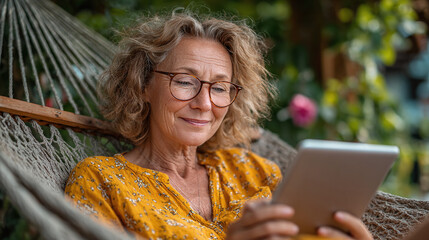 cheerful retired woman enjoying garden relaxation lying in hammock using tablet and browsing internet in daylight symbolizing joyful modern senior lifestyle