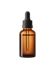 A small, amber-colored glass bottle with a black dropper cap is isolated against a white background.