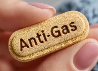 An anti-gas tablet between the fingers.