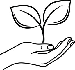 Hand holding plant outline, eco growth symbol, sustainability concept, nature care design, environmental protection icon, green life, organic future illustration