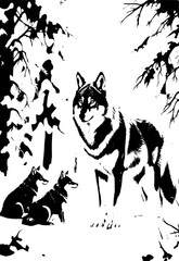 Black and white frame of a wild wolf, symbolizing strength and wilderness