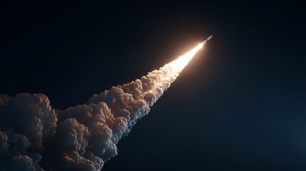 Rocket soars upwards with plume of fire against dark night sky