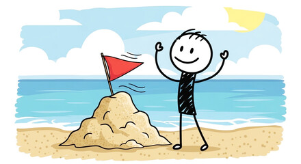 Happy Stick Figure Celebrating Goal Achievement with Red Flag on Sand Pile at Sunny Beach