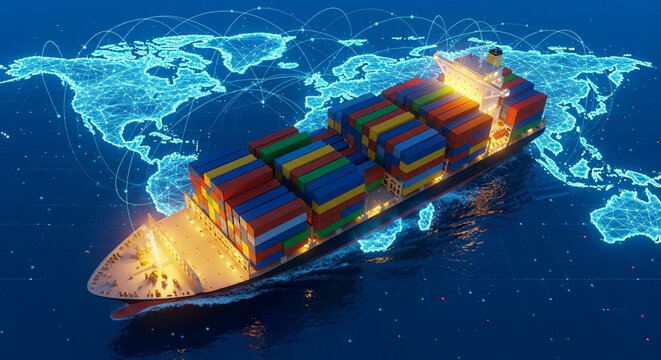 Cargo ship transporting containers across a digital world map.