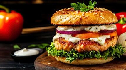 Salmon burger with toasted sesame bun and fresh vegetables