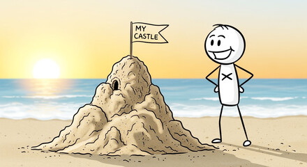 Stick figure proudly claims his sandcastle on the beach at sunset