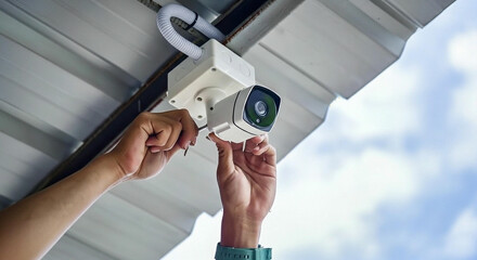 Security camera installation on a building's exterior.