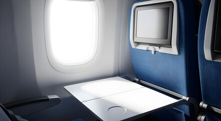 Airplane Interior with Blue Seats and Tray Table near Window during Daytime