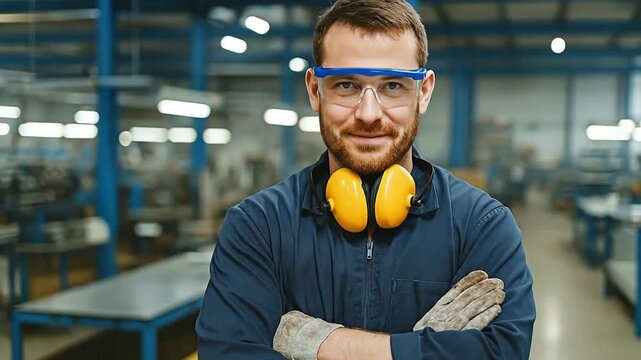 Confident Male Industrial Worker with Safety Gear in Modern Manufacturing Factory. Smiling Engineer or Technician Wearing Protective Eyewear and Ea...