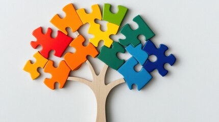 Multicolored puzzle parts come together to build a symbolic tree of connection and imagination