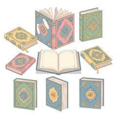 Collection of intricately designed Islamic books, showcasing ornate covers and illuminated pages, suggesting religious study and cultural heritage