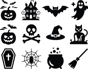 Halloween icons spooky creatures haunted house and symbols vector