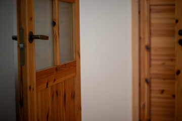 Minimalist indoor scene showing a partially open wooden door with frosted glass panels and a metal handle in soft lighting.