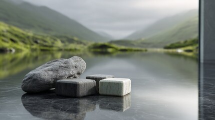 Rocks & blocks on marble, lake and misty hills backdrop