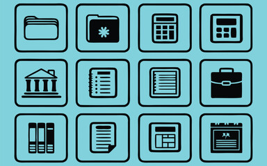 Essential Business Icon Set Folders, Documents, Calculator, Bank, and More