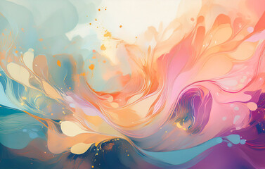 Colorful abstract painting with flowing pastel shapes and golden splashes