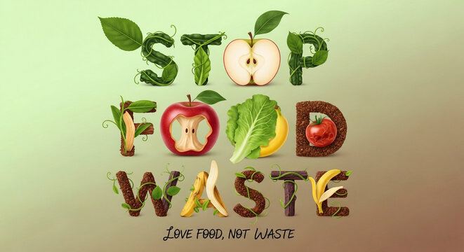 Inspiring 'Stop Food Waste' message crafted from fresh produce and natural elements