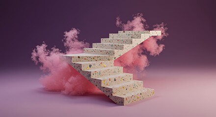Abstract Colorful Staircase Surrounded by Pink Clouds on Gradient Purple Background