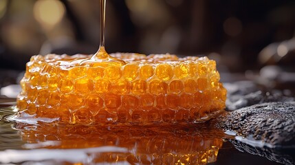 Golden honey cascades from a fresh honeycomb glistening as it drips onto a reflective surface