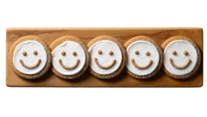 Four smiling face cookies on a light wooden board