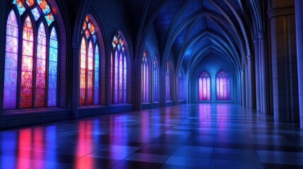 Obraz premium Nighttime gothic hall scene with pointed arches and stained glass glowing dimly.