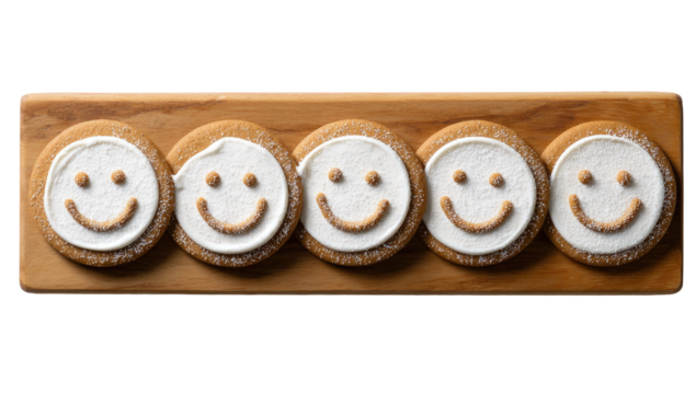 Four smiling face cookies on a light wooden board