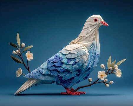 Light blue background with origami dove and olive branch, International Day of Peace card concept - Powered by Adobe