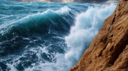 Fototapeta premium Ocean waves pounding cliff base, seen from dizzying height above