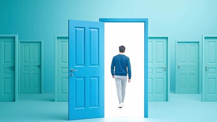 Man stepping through an open blue door into a bright, unknown future, symbolizing new opportunities, choices, and a fresh start among many closed d...