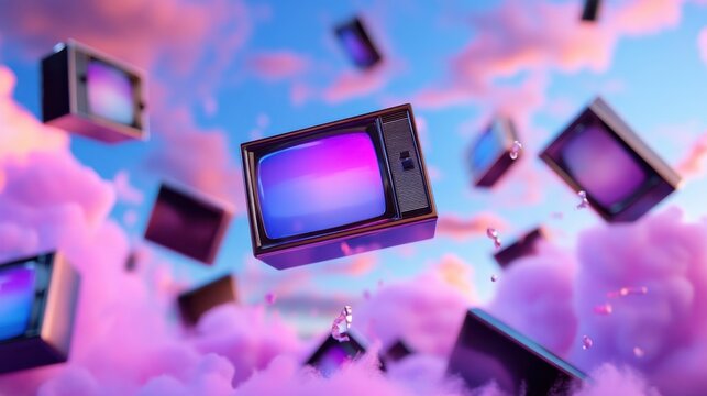 Old televisions float among soft pastel skies, screens flickering with abstract visuals